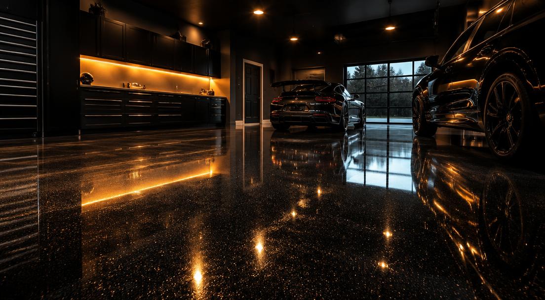 Glossy metallic-flake epoxy garage floor reflecting warm light
